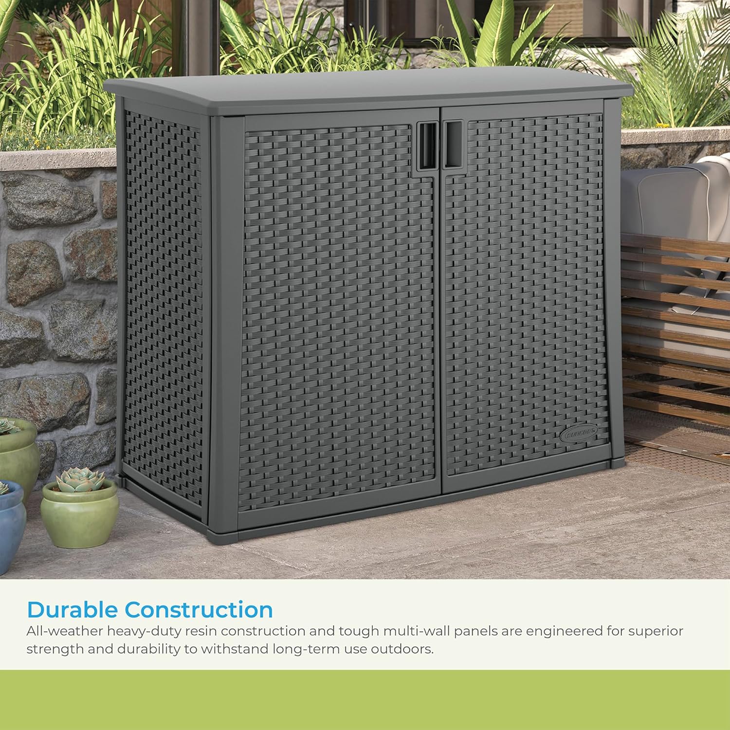 Suncast Resin Outdoor Storage Cabinet, Cool Gray Wicker Resin Outdoor Cabinet, Weatherproof, Lockable Outside Storage