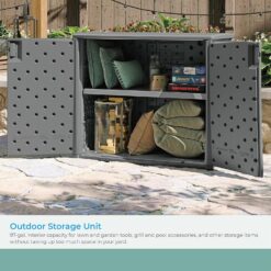 Suncast Resin Outdoor Storage Cabinet, Cool Gray Wicker Resin Outdoor Cabinet, Weatherproof, Lockable Outside Storage