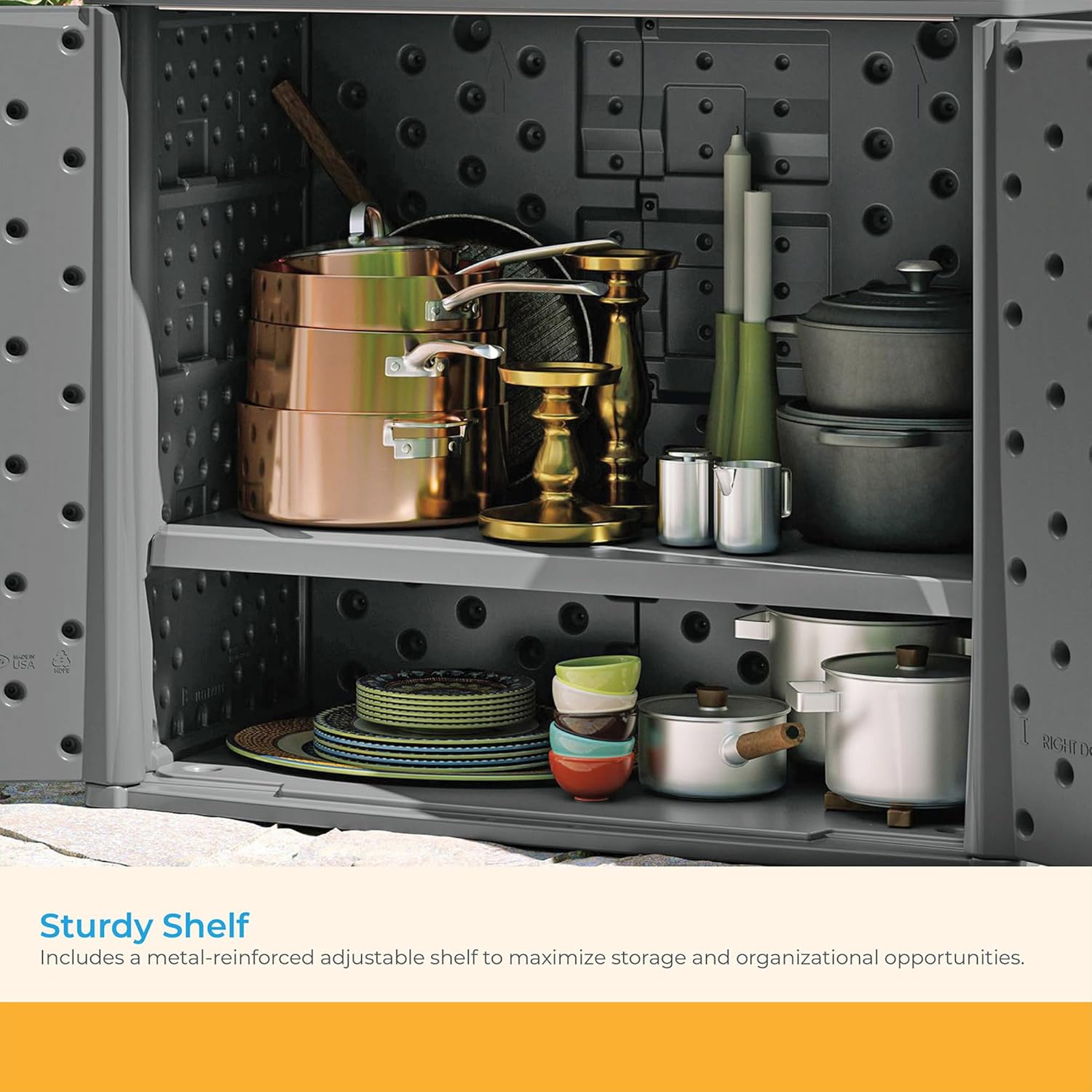 Suncast Resin Outdoor Storage Cabinet, Cool Gray Wicker Resin Outdoor Cabinet, Weatherproof, Lockable Outside Storage