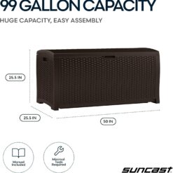 Suncast DBW9200 99 Gallon Outdoor Wicker Plastic Patio Storage Chest Bin with Handles for Patio, Garden, Garage, or Pool for All Weather, Mocha