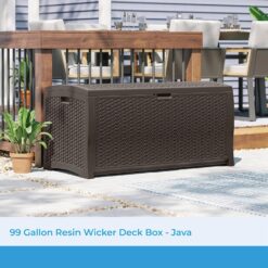 Suncast DBW9200 99 Gallon Outdoor Wicker Plastic Patio Storage Chest Bin with Handles for Patio, Garden, Garage, or Pool for All Weather, Mocha