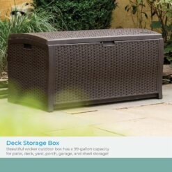 Suncast DBW9200 99 Gallon Outdoor Wicker Plastic Patio Storage Chest Bin with Handles for Patio, Garden, Garage, or Pool for All Weather, Mocha