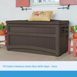 Suncast Durable 73 Gallon Outdoor Resin Storage Chest with Handles, Wheels, and Seat for Patio, Garden, or Pool for Indoor and Outdoor Use, Java