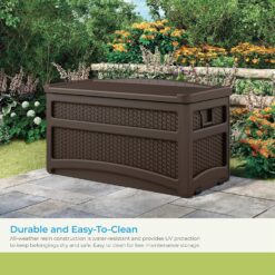 Suncast Durable 73 Gallon Outdoor Resin Storage Chest with Handles, Wheels, and Seat for Patio, Garden, or Pool for Indoor and Outdoor Use, Java