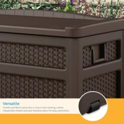 Suncast Durable 73 Gallon Outdoor Resin Storage Chest with Handles, Wheels, and Seat for Patio, Garden, or Pool for Indoor and Outdoor Use, Java