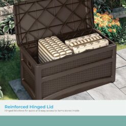 Suncast Durable 73 Gallon Outdoor Resin Storage Chest with Handles, Wheels, and Seat for Patio, Garden, or Pool for Indoor and Outdoor Use, Java