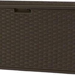 Suncast 134 Gallon Extra Large All-Weather Wicker Pattern Deck Box with Lockable Lid for Garden, Garage, Patio, or Outdoor Use, Java