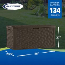 Suncast 134 Gallon Extra Large All-Weather Wicker Pattern Deck Box with Lockable Lid for Garden, Garage, Patio, or Outdoor Use, Java
