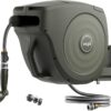Garden Hose Reel Retractable 1/2" x 130ft Wall Mounted Hose Reel Automatic Rewind, Any Length Lock with 9 Patterns Sprayer Nozzle, Quick Connector and Adjustable shot Nozzle-Seaweed Green