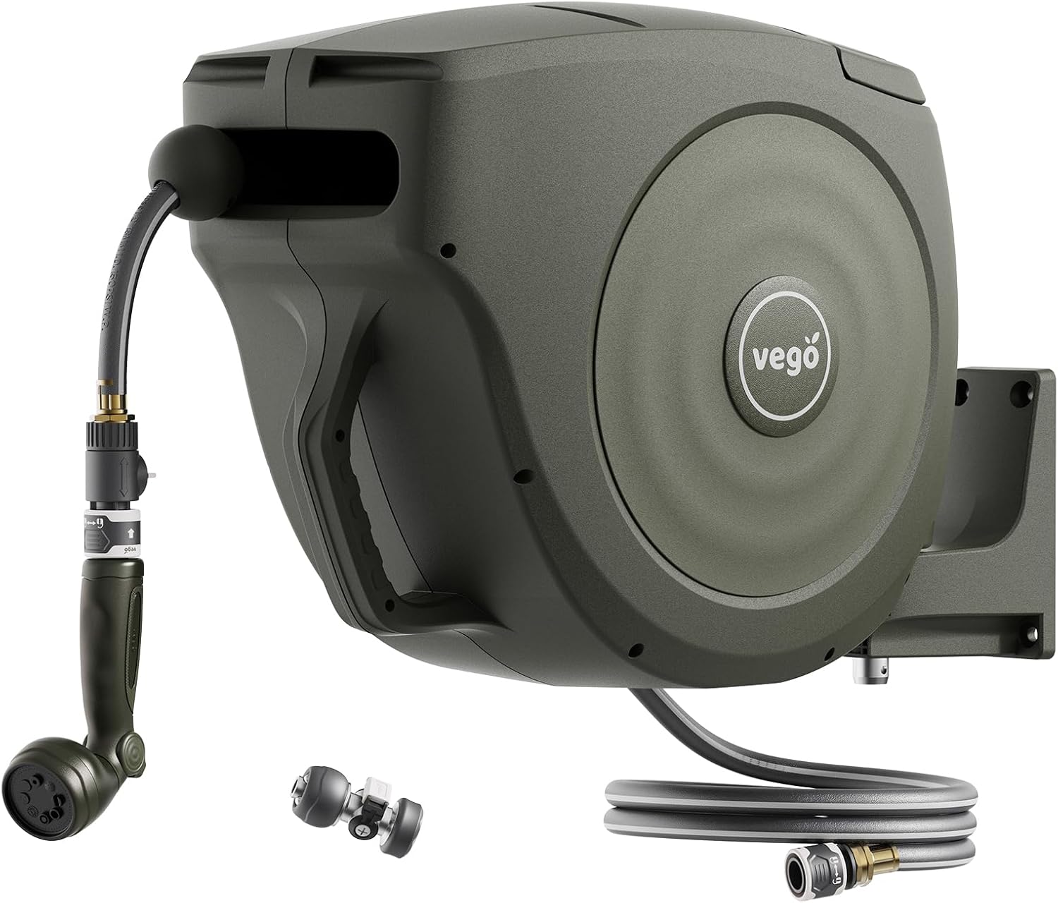 Garden Hose Reel Retractable 1/2" x 130ft Wall Mounted Hose Reel Automatic Rewind, Any Length Lock with 9 Patterns Sprayer Nozzle, Quick Connector and Adjustable shot Nozzle-Seaweed Green