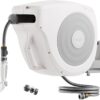 Garden Hose Reel Retractable 1/2" x 130ft Wall Mounted Hose Reel Automatic Rewind, Any Length Lock with 9 Patterns Sprayer Nozzle, Quick Connector and Adjustable shot Nozzle- Cloud White