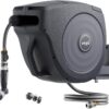 Vego Garden Hose Reel Retractable 1/2" x 100ft Wall Mounted Hose Reel Automatic Rewind, Any Length Lock with 9 Patterns Sprayer Nozzle, Quick Connector and Adjustable shot Nozzle