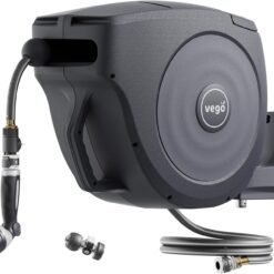 Vego Garden Hose Reel Retractable 1/2" x 100ft Wall Mounted Hose Reel Automatic Rewind, Any Length Lock with 9 Patterns Sprayer Nozzle, Quick Connector and Adjustable shot Nozzle
