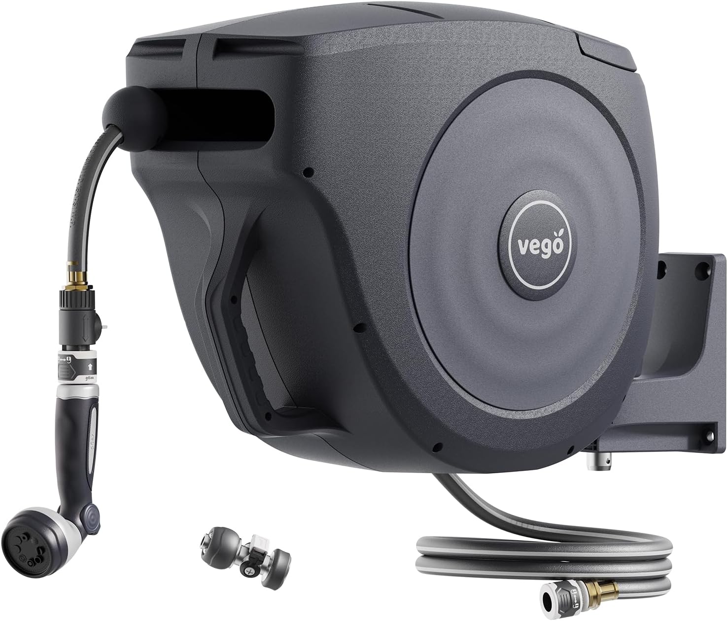 Vego Garden Hose Reel Retractable 1/2" x 100ft Wall Mounted Hose Reel Automatic Rewind, Any Length Lock with 9 Patterns Sprayer Nozzle, Quick Connector and Adjustable shot Nozzle
