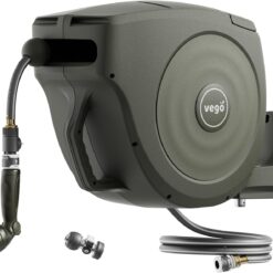 Vego Garden Hose Reel Retractable 1/2" x 100ft Wall Mounted Hose Reel Automatic Rewind, Any Length Lock with 9 Patterns Sprayer Nozzle, Quick Connector and Adjustable shot Nozzle