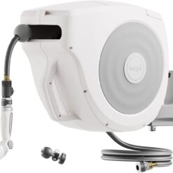 Vego Garden Hose Reel Retractable 1/2" x 100ft Wall Mounted Hose Reel Automatic Rewind, Any Length Lock with 9 Patterns Sprayer Nozzle, Quick Connector and Adjustable shot Nozzle