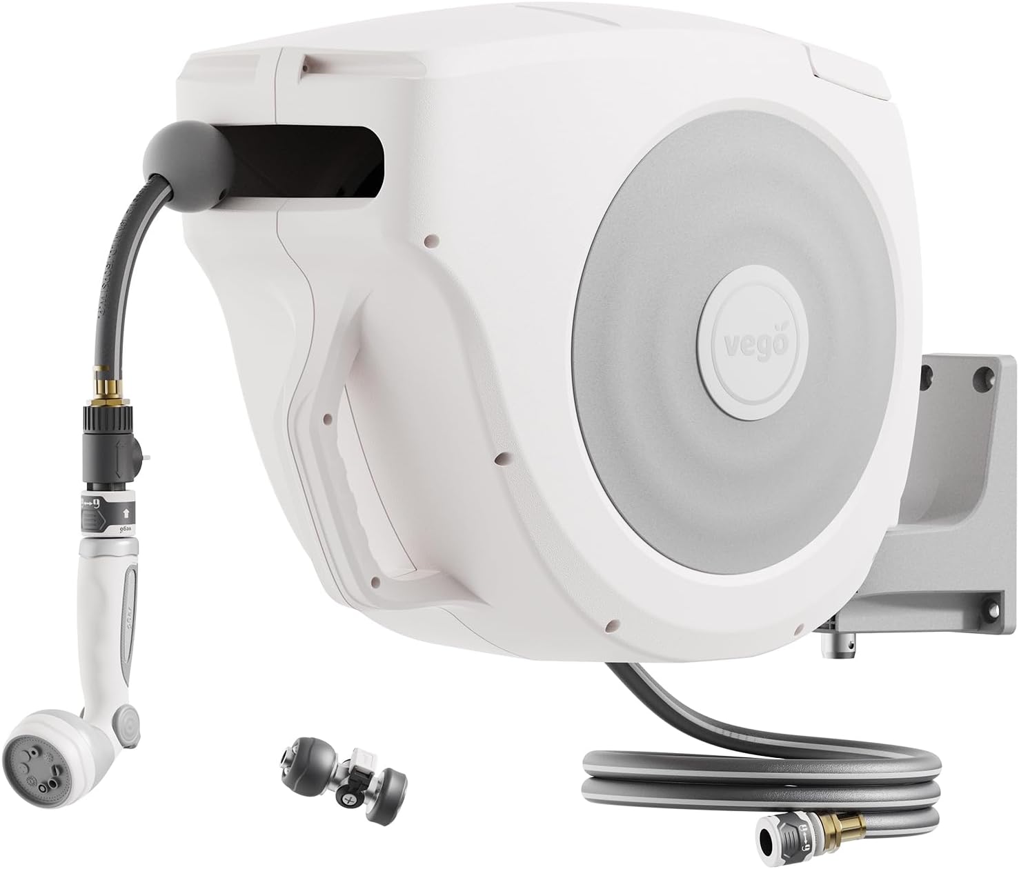 Vego Garden Hose Reel Retractable 1/2" x 100ft Wall Mounted Hose Reel Automatic Rewind, Any Length Lock with 9 Patterns Sprayer Nozzle, Quick Connector and Adjustable shot Nozzle