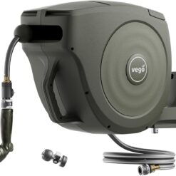 Garden Hose Reel Retractable 1/2" x 65ft Wall Mounted Hose Reel Automatic Rewind, Any Length Lock with 9 Patterns Sprayer Nozzle, Quick Connector and Adjustable shot Nozzle-Seaweed Green