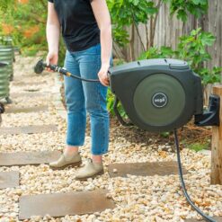 Garden Hose Reel Retractable 1/2" x 65ft Wall Mounted Hose Reel Automatic Rewind, Any Length Lock with 9 Patterns Sprayer Nozzle, Quick Connector and Adjustable shot Nozzle-Seaweed Green