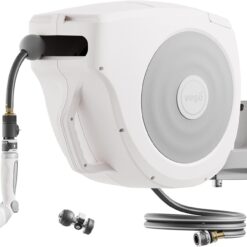 Garden Hose Reel Retractable 1/2" x 65ft Wall Mounted Hose Reel Automatic Rewind, Any Length Lock with 9 Patterns Sprayer Nozzle, Quick Connector and Adjustable shot Nozzle- Cloud White