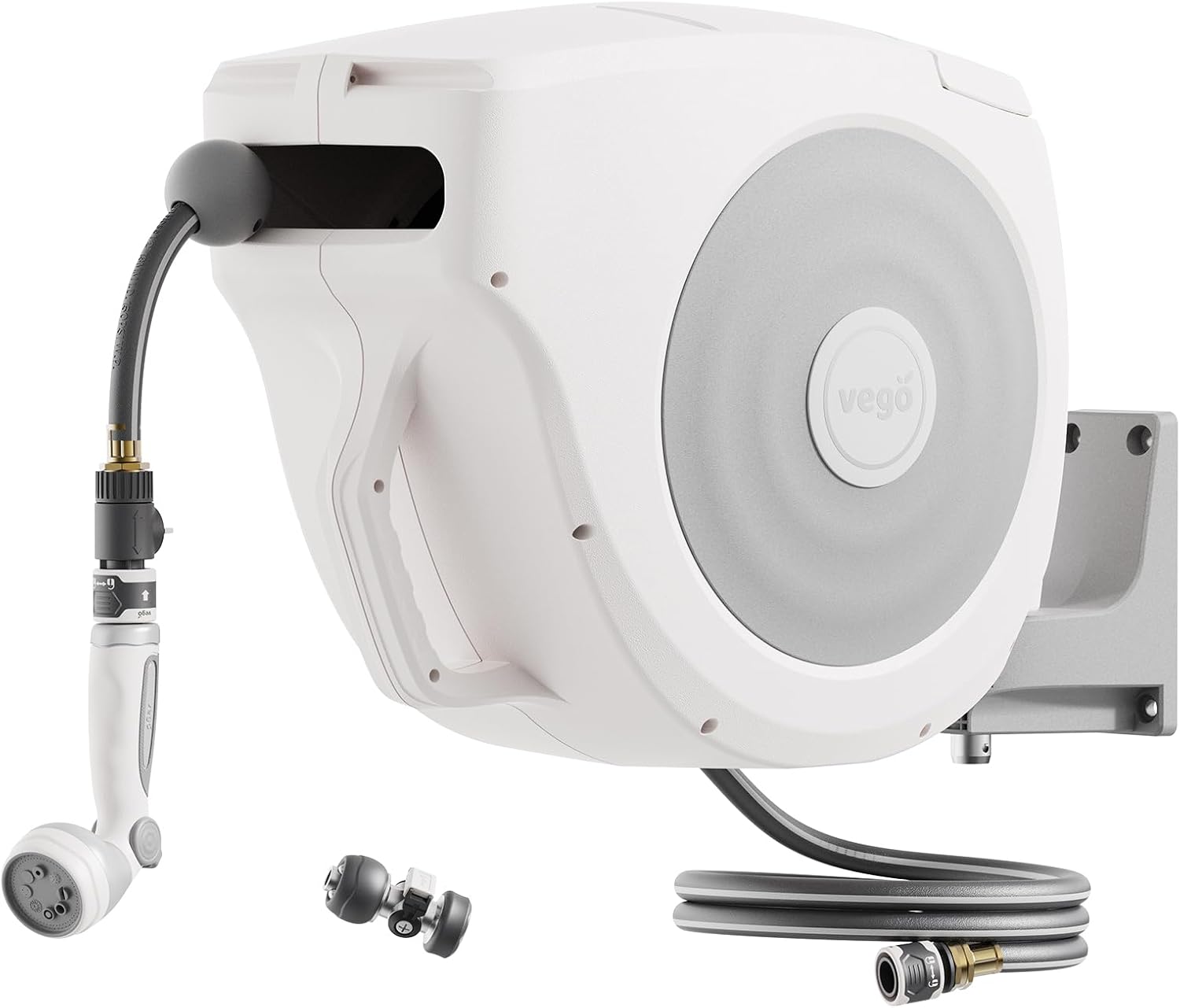 Garden Hose Reel Retractable 1/2" x 65ft Wall Mounted Hose Reel Automatic Rewind, Any Length Lock with 9 Patterns Sprayer Nozzle, Quick Connector and Adjustable shot Nozzle- Cloud White