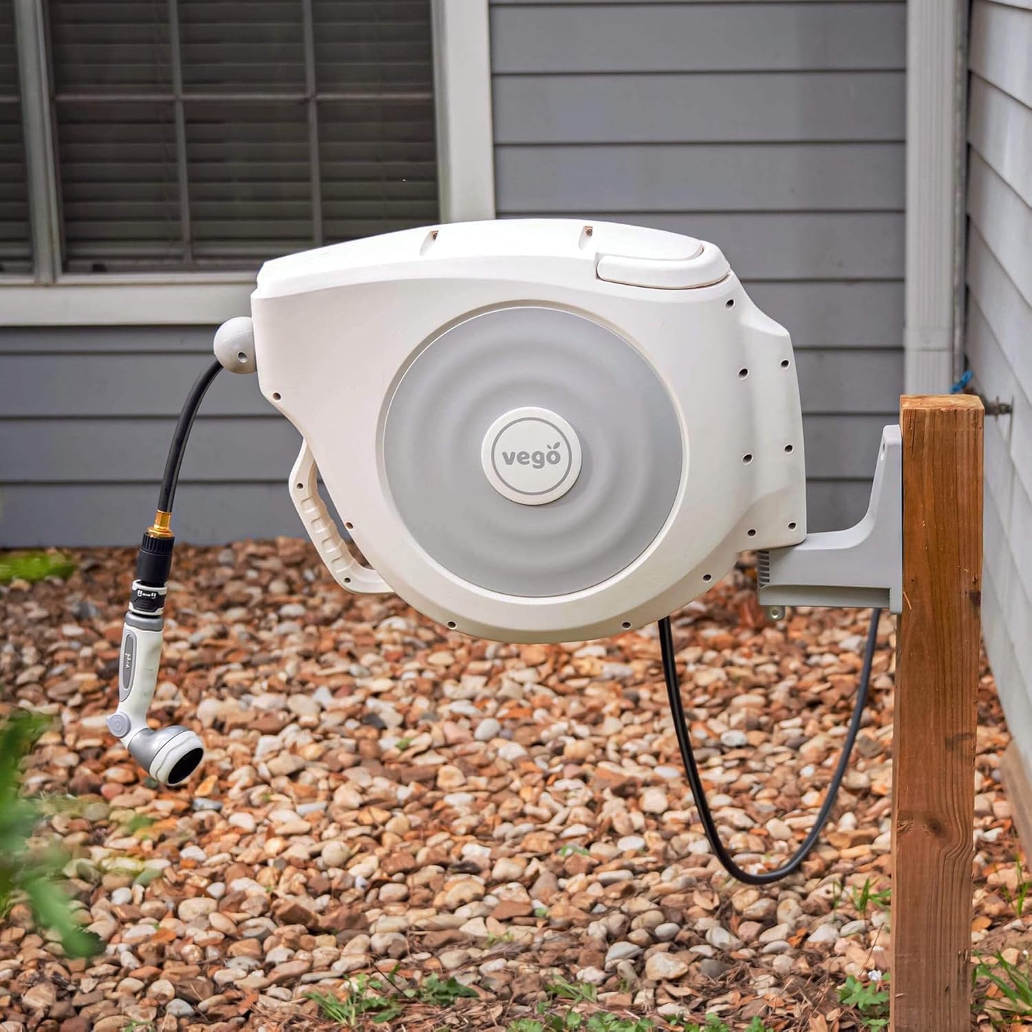 Garden Hose Reel Retractable 1/2" x 65ft Wall Mounted Hose Reel Automatic Rewind, Any Length Lock with 9 Patterns Sprayer Nozzle, Quick Connector and Adjustable shot Nozzle- Cloud White