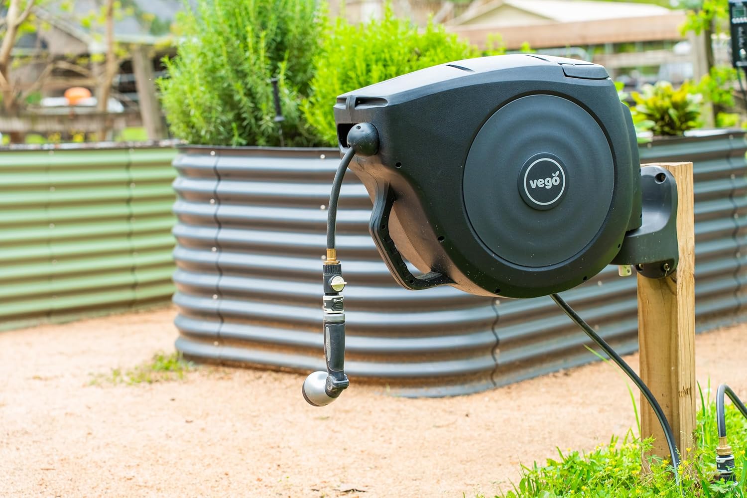 Garden Hose Reel Retractable 1/2" x 65ft Wall Mounted Hose Reel Automatic Rewind, Any Length Lock with 9 Patterns Sprayer Nozzle, Quick Connector and Adjustable shot Nozzle- Tidepool Blue