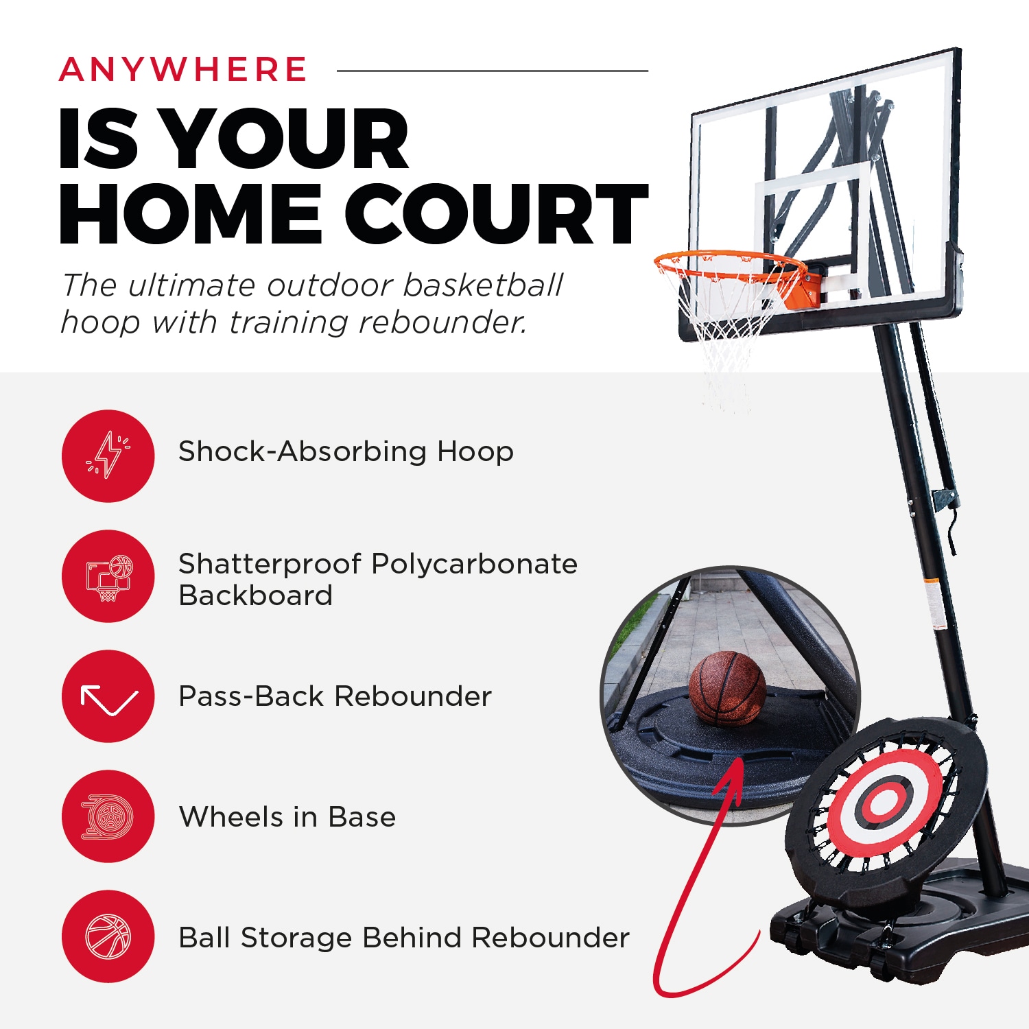 IE Sports Portable Basketball Hoop with Adjustable Height with 50 Inch Backboard and Rebounder