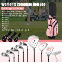 Slickblue Womens Complete Golf Club Set with Stand Bag for Beginner and Adult Golfers Includes Driver Woods Irons Putter for Home or Course Use Pink