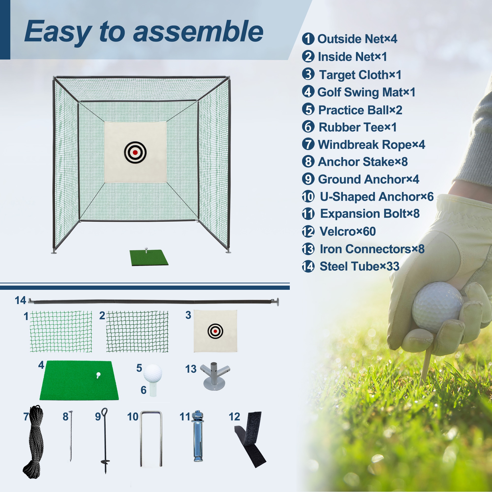 Tatayosi 10 ft x 10 ft Metal Frame Golf Practice Net Cage with Hitting Net Kit