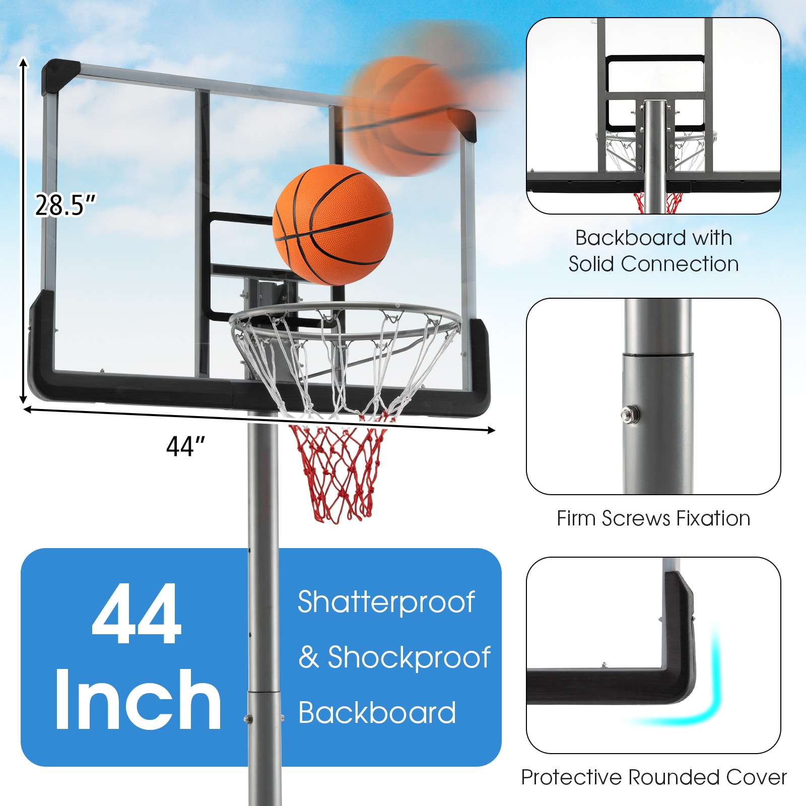 Slickblue Indoor Outdoor Portable Family Basketball Hoop with 44-In Backboard - Black and Gray