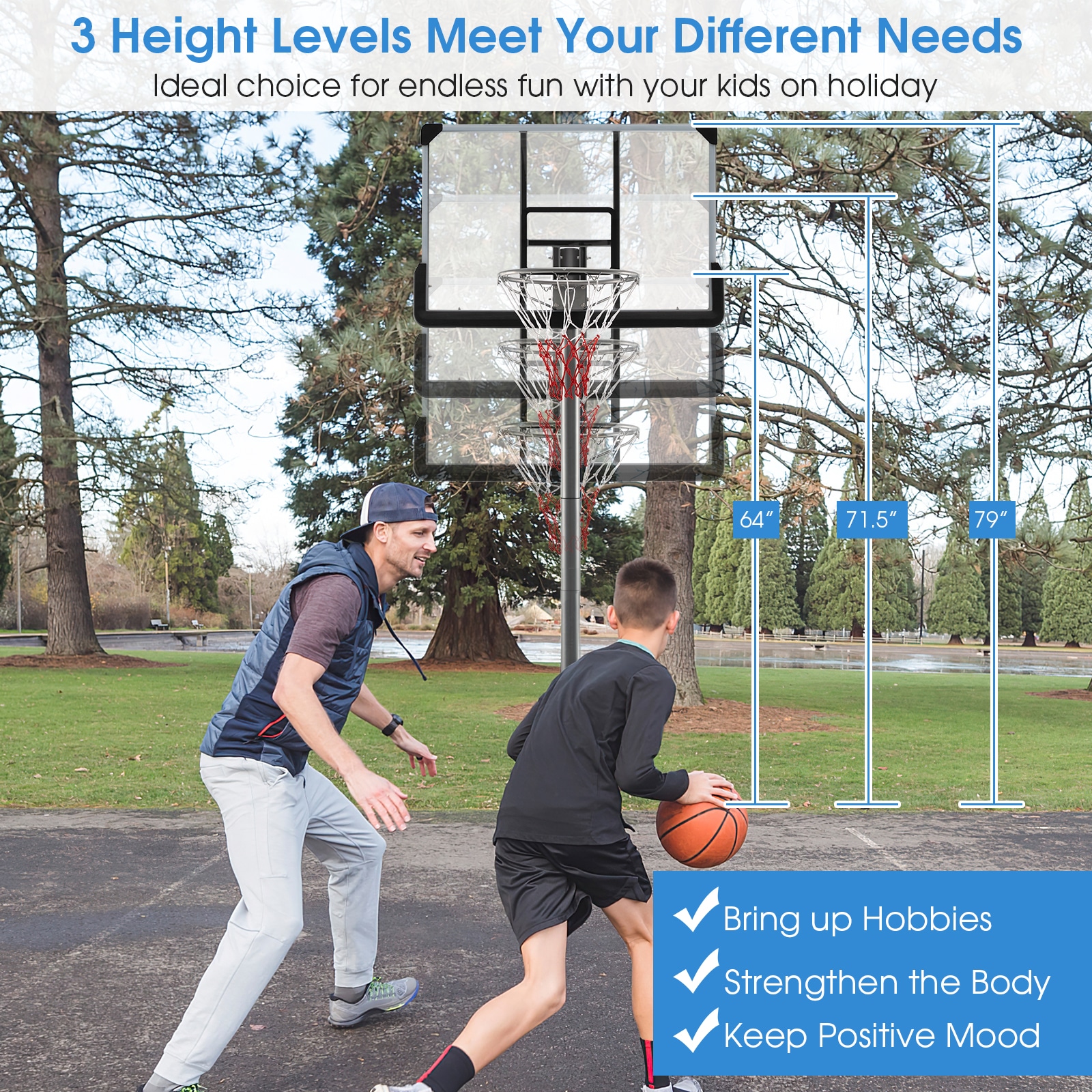 Slickblue Indoor Outdoor Portable Family Basketball Hoop with 44-In Backboard - Black and Gray