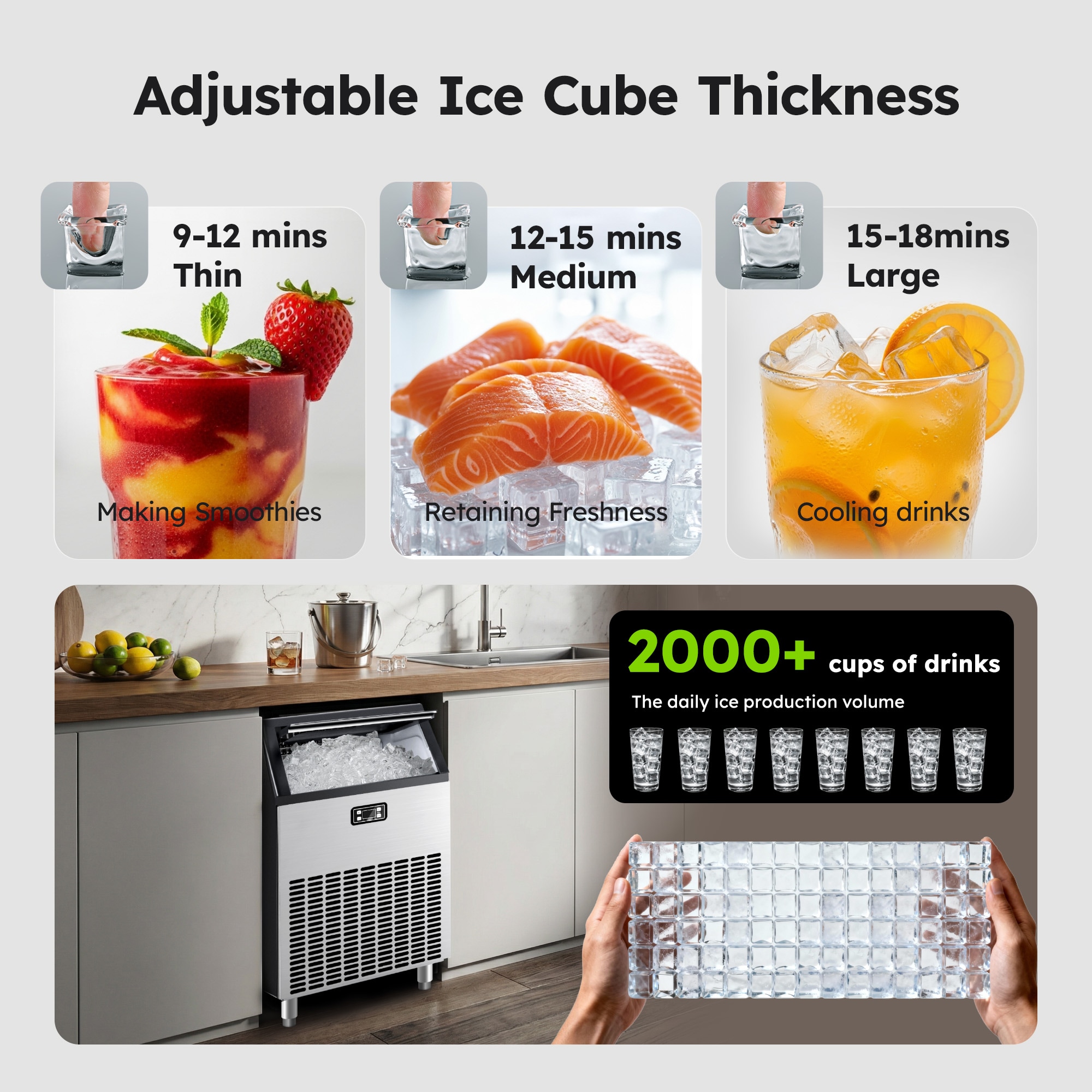 SIMZLIFE 200lbs/24H Commercial Ice Maker Machine with 65 lbs Storage and Smart LCD Panel in Silver Stainless Steel
