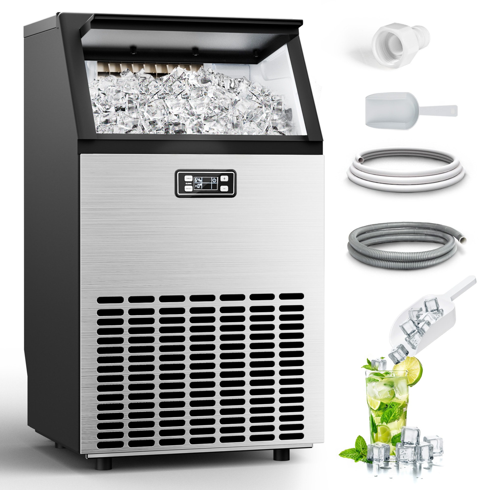 SIMZLIFE 100lbs/24H Commercial Full Size Cubes Ice Maker Machine with 33 lbs Storage and Efficient Compressor in Silver
