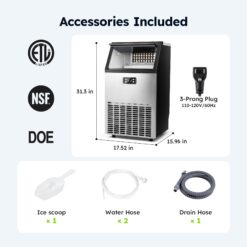 SIMZLIFE 100lbs/24H Commercial Full Size Cubes Ice Maker Machine with 33 lbs Storage and Efficient Compressor in Silver