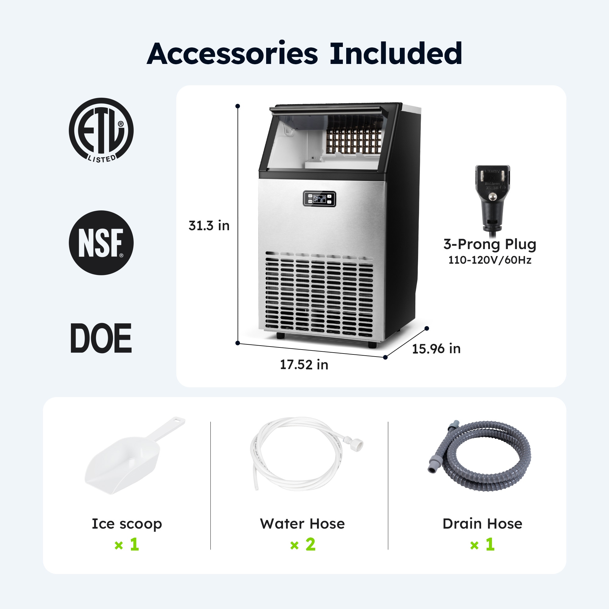 SIMZLIFE 100lbs/24H Commercial Full Size Cubes Ice Maker Machine with 33 lbs Storage and Efficient Compressor in Silver