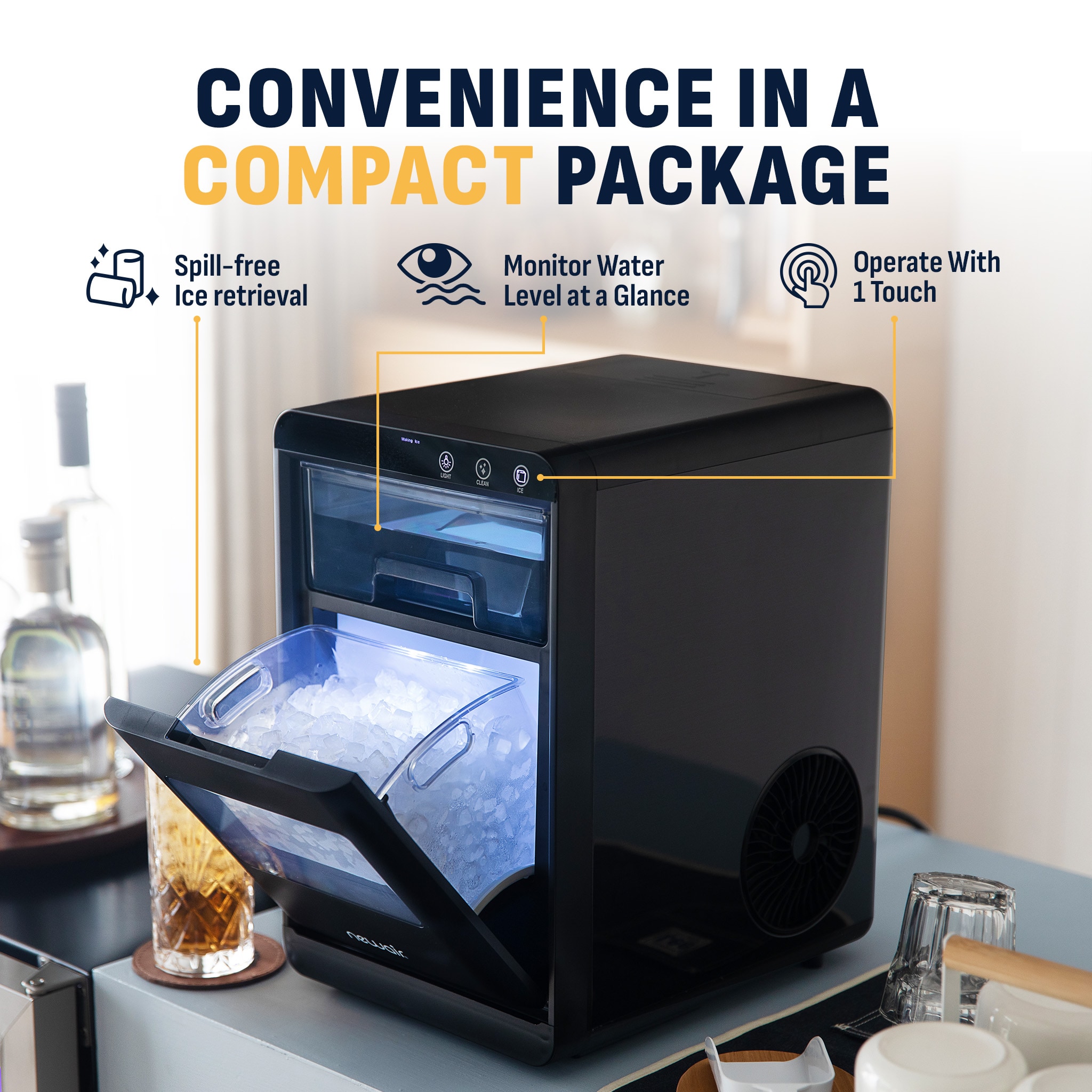 NewAir Countertop Ice Maker Nugget Ice 44 lbs 24 hours Black Stainless Steel Self-Cleaning