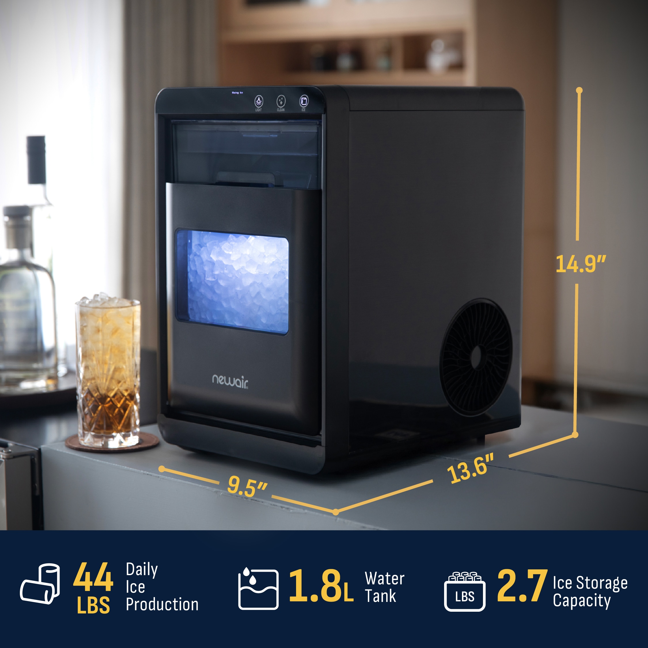 NewAir Countertop Ice Maker Nugget Ice 44 lbs 24 hours Black Stainless Steel Self-Cleaning