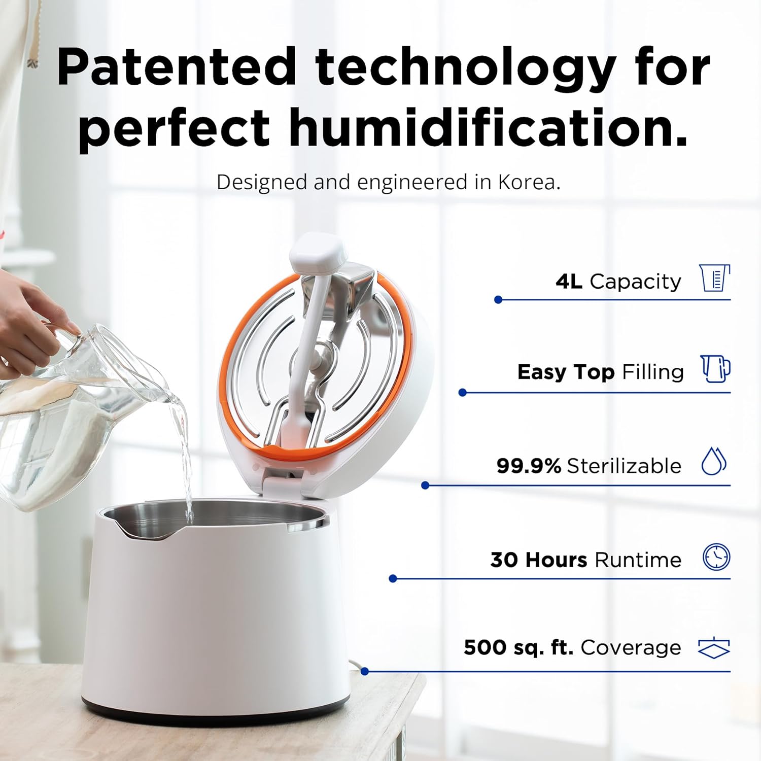 Carepod One Stainless Steel Humidifier for Large Room, Ultrasonic Cool Mist Humidifiers for Bedroom, Filter-Free, Lasts 30Hrs (1Gal/4L)