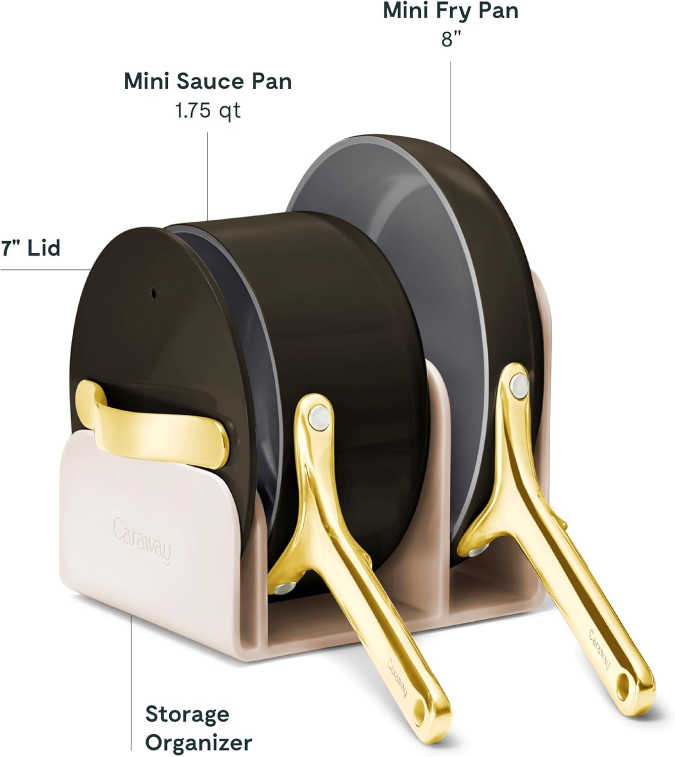 Caraway Mini Cookware Set - Non-Stick Ceramic Fry Pan (1.05 qt, 8") Sauce Pan (1.75 qt) & Storage Rack - Black