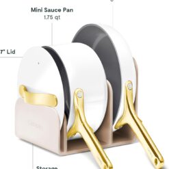 Caraway Mini Cookware Set - Non-Stick Ceramic Fry Pan (1.05 qt, 8") Sauce Pan (1.75 qt) & Storage Rack - White