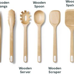 Caraway Wooden Utensil Set - 5 Piece Cooking Utensil Set - Spoon, Server, Scraper, Spatula, & Tongs