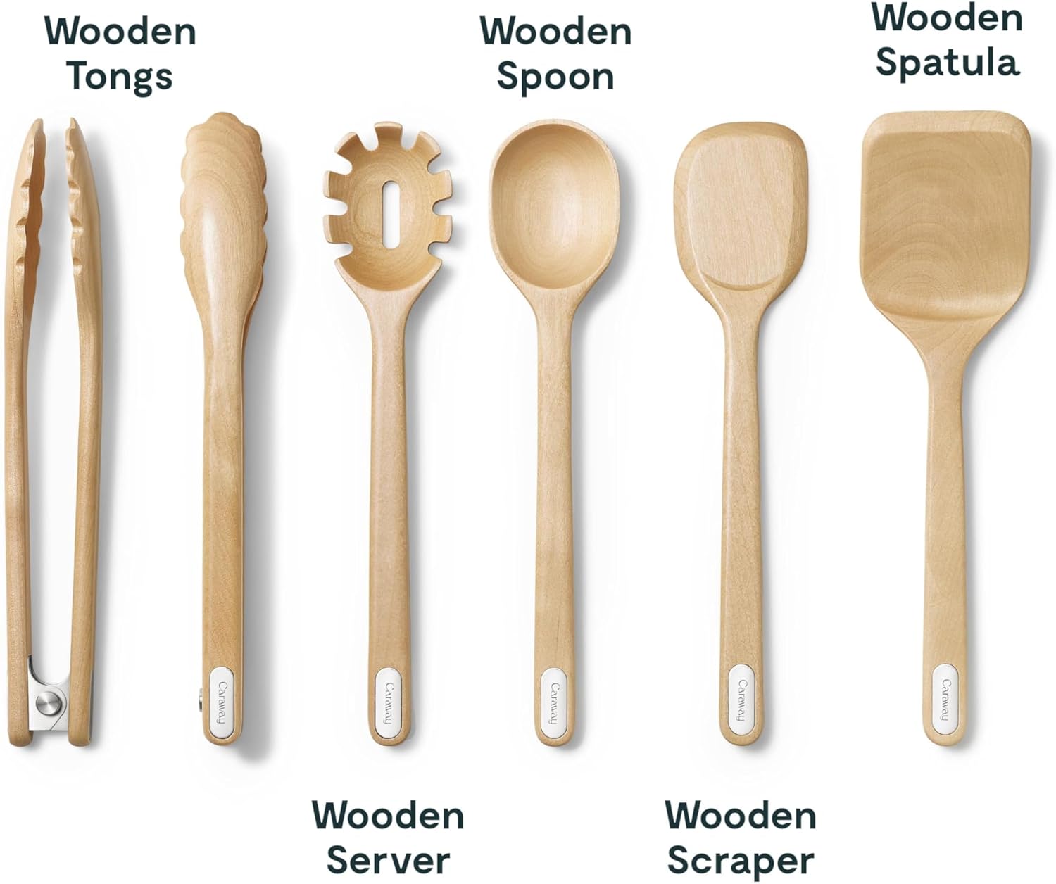 Caraway Wooden Utensil Set - 5 Piece Cooking Utensil Set - Spoon, Server, Scraper, Spatula, & Tongs