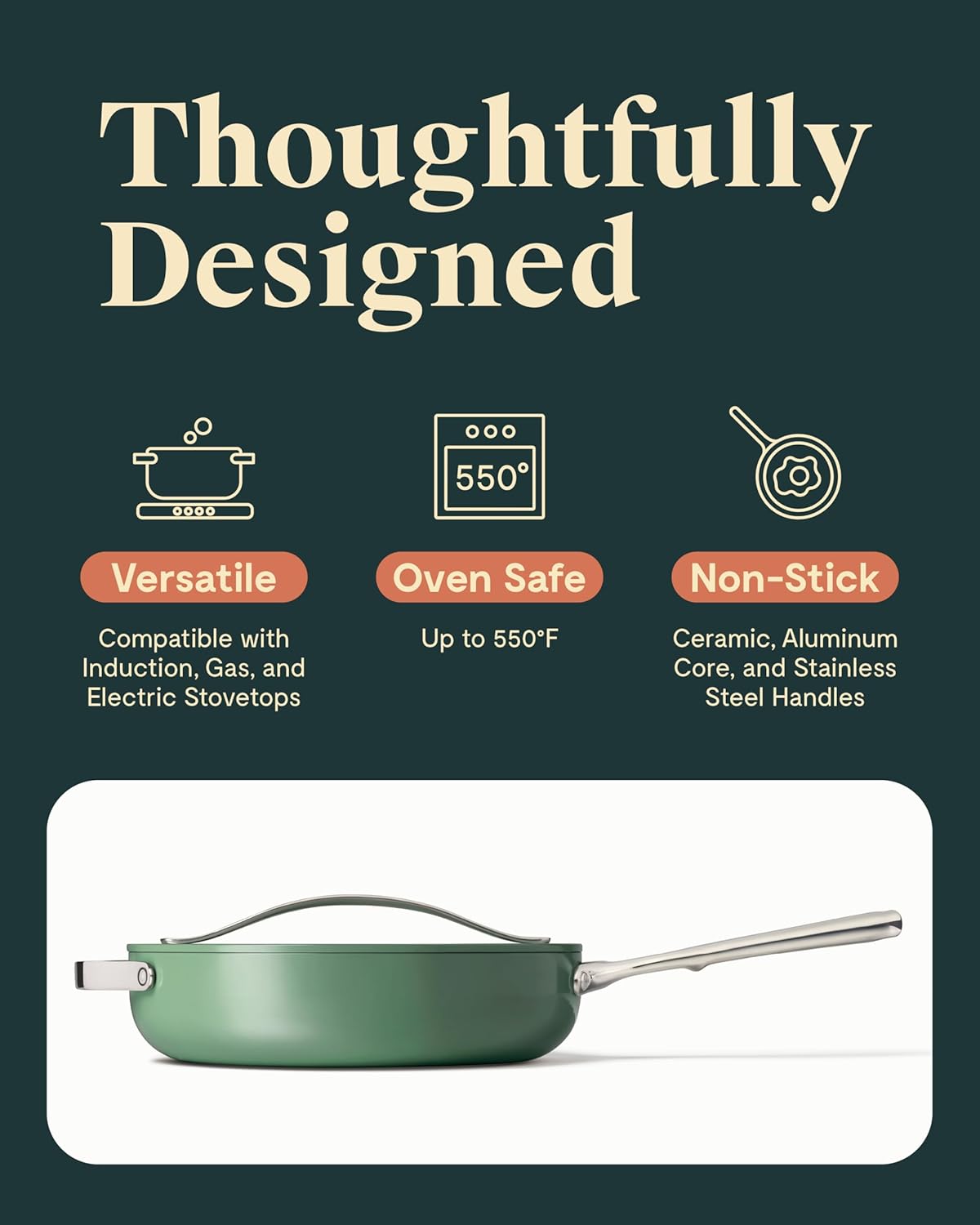Caraway Nonstick Ceramic Sauté Pan with Lid (4.5 qt, 11.8") - Non Toxic, PTFE & PFOA Free - Sage