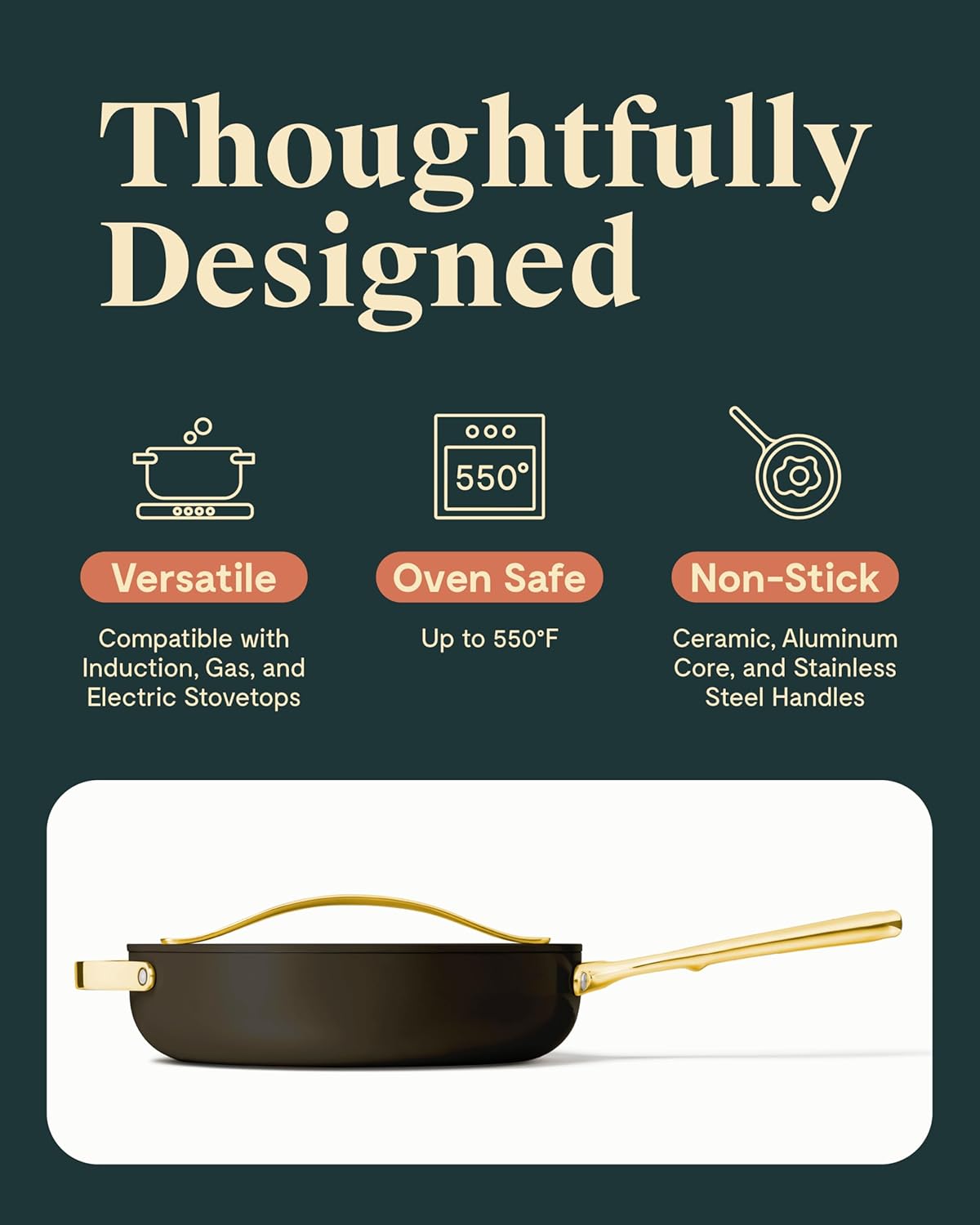 Caraway Nonstick Ceramic Sauté Pan with Lid (4.5 qt, 11.8") - Non Toxic, PTFE & PFOA Free - Black