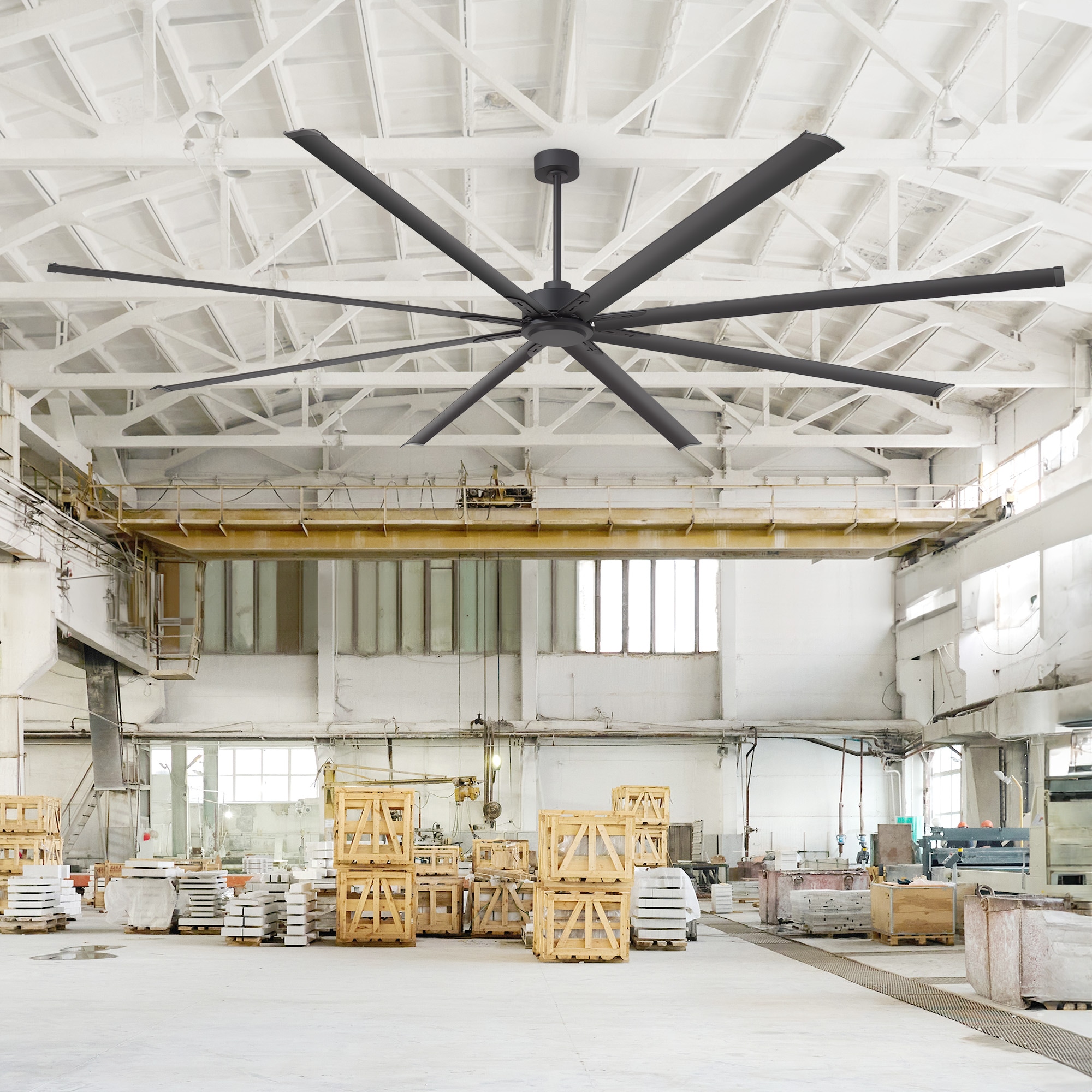 Breezary HVLS Industrial PMSM Motor 120-in Matte Black with Black Aluminum Blades Ceiling Fan Without Light and Remote Control Included 8 -Blade