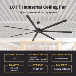 Breezary HVLS Industrial-Grade 120-in Matte Black with Black Aluminum Blades Ceiling Fan Without Light and Remote Control Included 7 -Blade