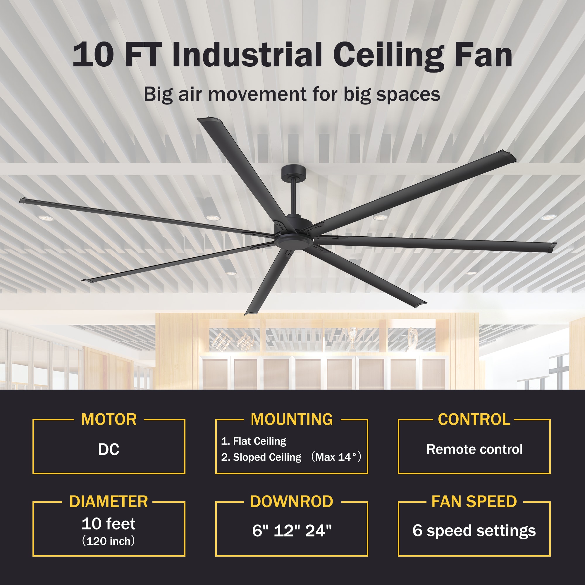 Breezary HVLS Industrial-Grade 120-in Matte Black with Black Aluminum Blades Ceiling Fan Without Light and Remote Control Included 7 -Blade