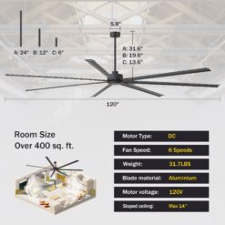 Breezary HVLS Industrial-Grade 120-in Matte Black with Black Aluminum Blades Ceiling Fan Without Light and Remote Control Included 7 -Blade