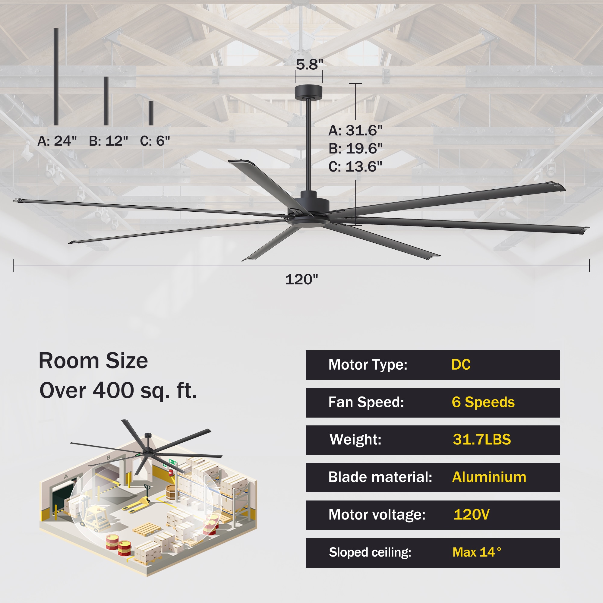 Breezary HVLS Industrial-Grade 120-in Matte Black with Black Aluminum Blades Ceiling Fan Without Light and Remote Control Included 7 -Blade